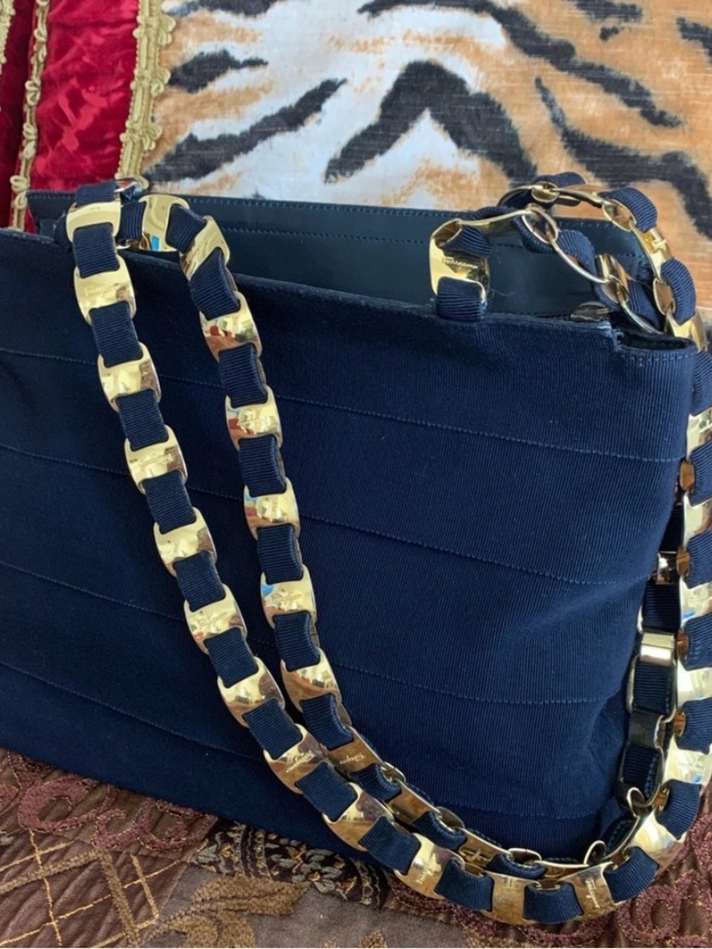 ❤️Ferragamo Signature logo Gold chains Navy layered canvas Bag W/.Orig Dust Bag